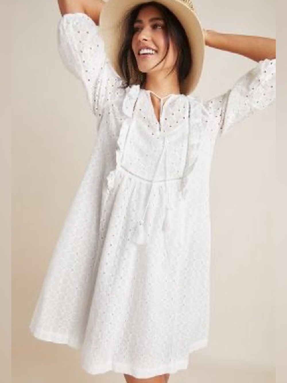 Anthropologie Thames White Eyelet Ruffle Tie-Front Dress